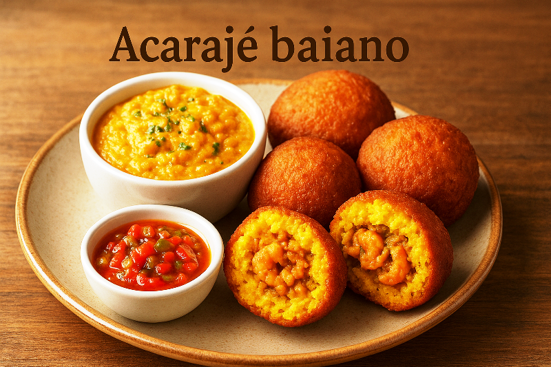 Acarajé baiano – tradição e sabor da Bahia. pratos típicos do Brasil – acarajé baiano servido com vatapá e molho de pimenta.
