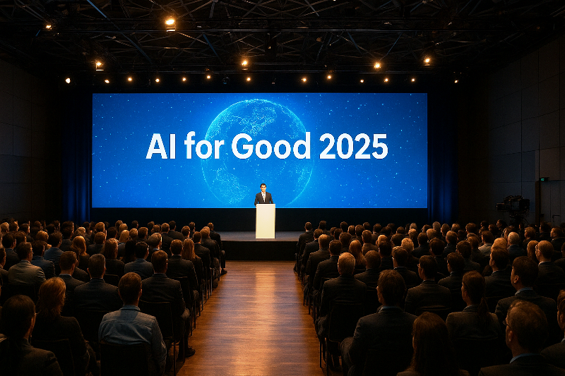 Auditório lotado com público atento a uma conferência, no palco um palestrante em frente a um grande telão com o título “AI for Good 2025”.