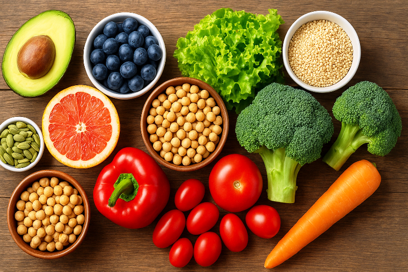Alimentação saudável e nutrição funcional com alimentos frescos e coloridos.