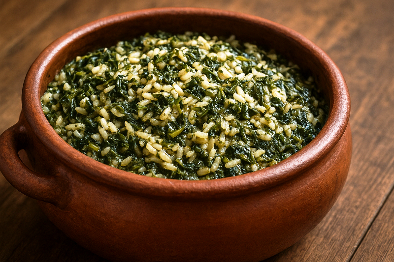 Arroz de cuxá servido em uma panela de barro sobre uma mesa de madeira. Arroz de cuxá servido em uma panela de barro sobre uma mesa de madeira.