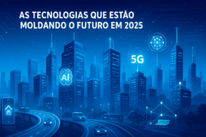 Cidade inteligente futurista iluminada por tecnologia 5G, IA e IoT.