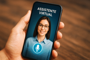Assistente virtual exibido na tela de um smartphone sendo segurado por uma mão humana.