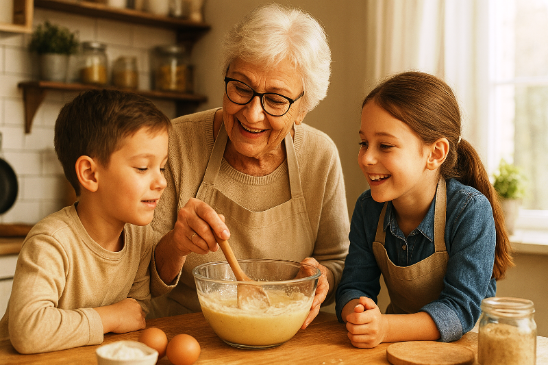 Cozinha afetiva em família – tradições passadas entre gerações. Cozinha afetiva transmitida entre gerações, avó ensinando receita aos netos.