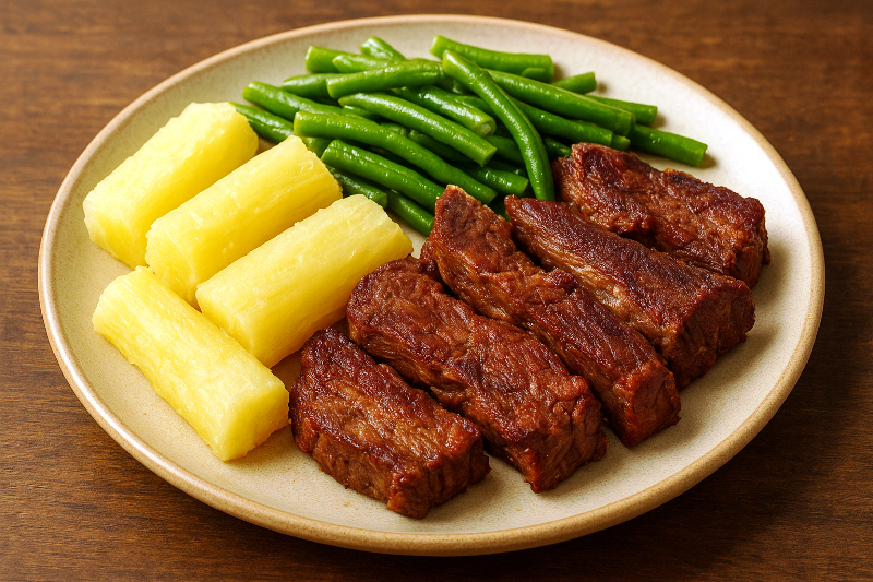 Carne de sol com mandioca e feijão verde – tradição nordestina. prato típico brasileiro com carne de sol, mandioca cozida e feijão verde.