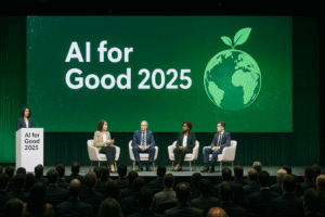 Palco principal da conferência AI for Good 2025, com painel de especialistas discutindo tecnologia sustentável diante de um público atento.
