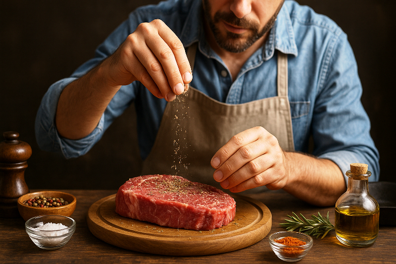 Truques culinários que facilitam a vida na cozinha. Chef caseiro temperando carne com especiarias em uma cozinha elegante.
