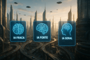 Cidade futurista com hologramas representando IA Fraca, IA Forte e IA Geral.