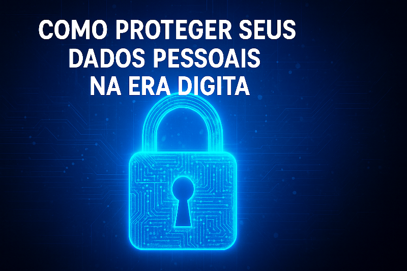 Ícone digital de cadeado brilhante representando segurança de dados, com a frase "Como proteger seus dados pessoais na era digital.