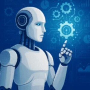 Robô tocando ícone de engrenagem com fundo tecnológico e texto sobre IA e automação transformando profissões.