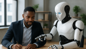 Homem e robô colaborando em ambiente de trabalho moderno.