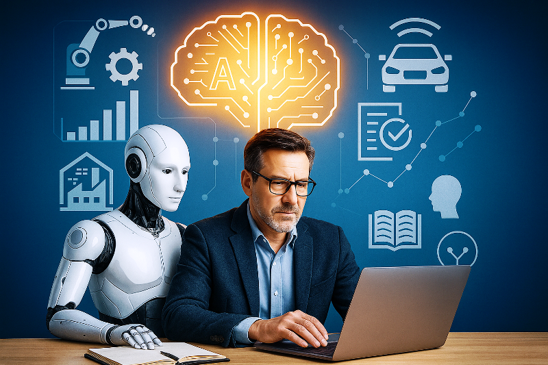 Homem utilizando laptop ao lado de robô humanoide com ícones de inteligência artificial ao fundo.