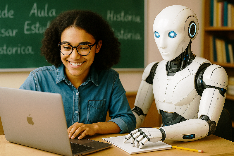 Estudante brasileira aprendendo com apoio de robô em sala de aula moderna, representando a revolução da IA na educação.