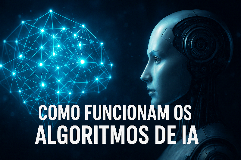 Como funcionam os algoritmos de IA – robô humanoide observando rede neural digital iluminada em azul.