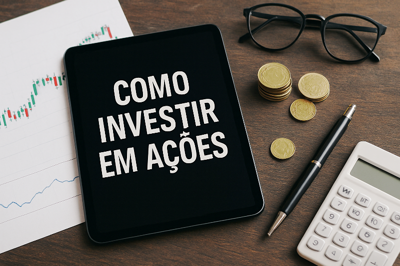 Como investir em ações: tablet com gráfico financeiro, moedas, óculos e calculadora sobre mesa.