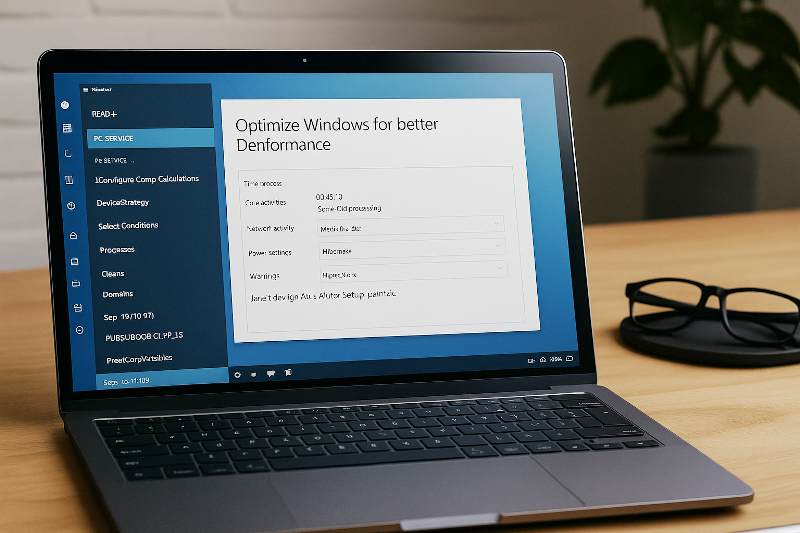 Notebook sobre uma mesa de madeira exibindo uma tela do Windows com opções de otimização de desempenho.