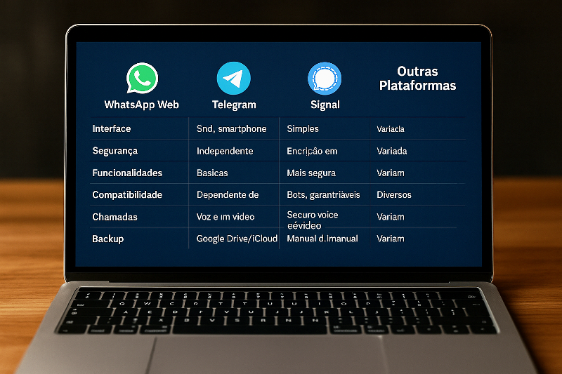 Tabela comparativa de WhatsApp Web, Telegram, Signal e outras plataformas de mensagens.