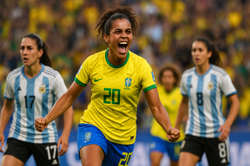 Jogadora brasileira comemora gol contra a Argentina na Copa América Feminina 2025, simbolizando o futuro do futebol feminino na América do Sul.
