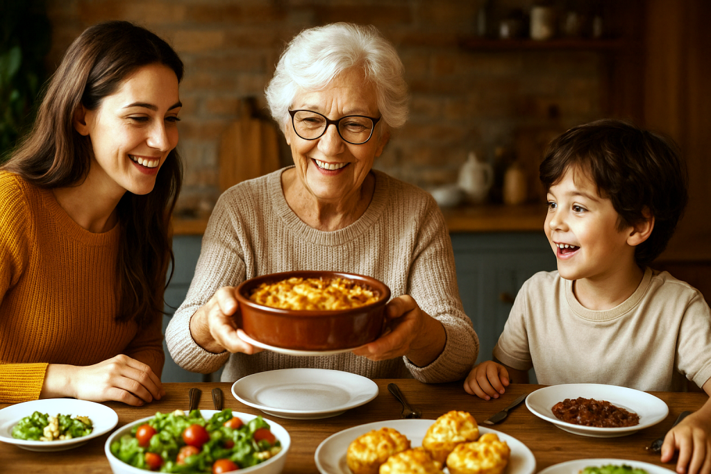 Cozinha afetiva: três gerações reunidas à mesa compartilhando uma refeição caseira com carinho e alegria.