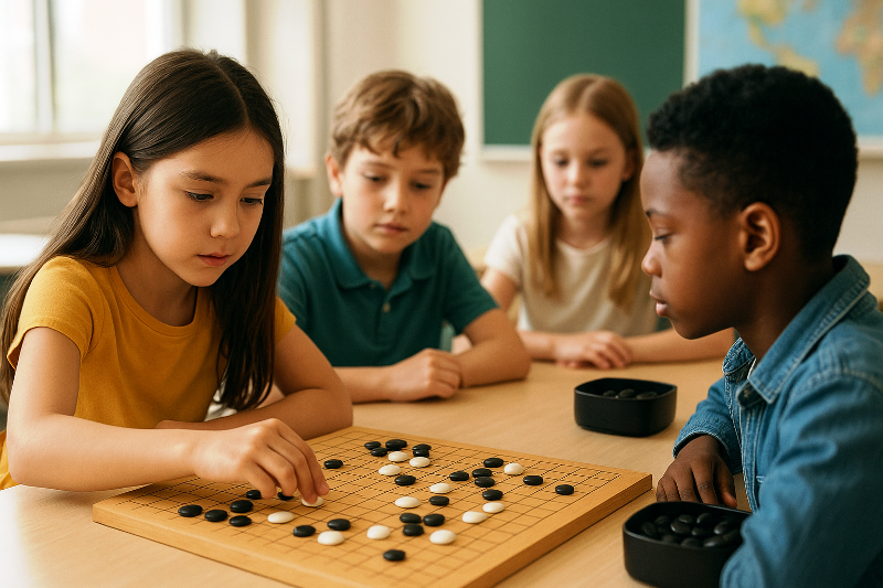 Crianças aprendendo Go na escola para desenvolver raciocínio lógico. Jogos de estratégia ajudam no aprendizado e desenvolvem raciocínio lógico.