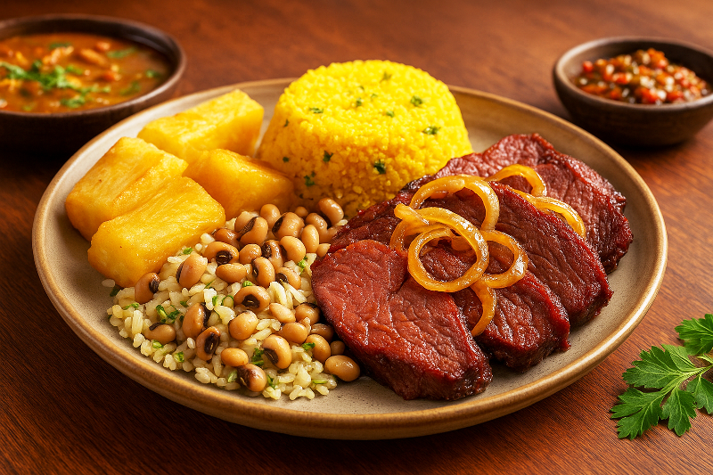 Culinária nordestina com carne de sol, mandioca frita, cuscuz e feijão de corda.