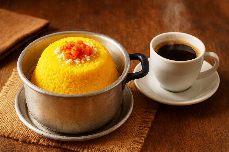 Cuscuz nordestino com café – tradição da culinária regional. Culinária Nordestina – cuscuz com café típico do Nordeste.