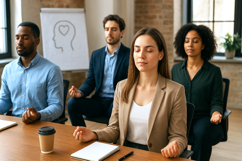 Autocuidado, mindfulness e psicoterapia no trabalho. Equipe em workshop de saúde mental praticando mindfulness no ambiente de trabalho.