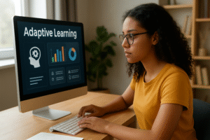 Estudante utilizando plataforma de ensino adaptativo em computador, representando a aplicação da IA na educação no Brasil.
