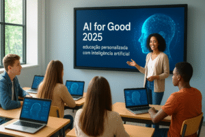 Estudantes em sala de aula digital aprendendo com inteligência artificial personalizada, orientados por professora sorridente diante de tela interativa.