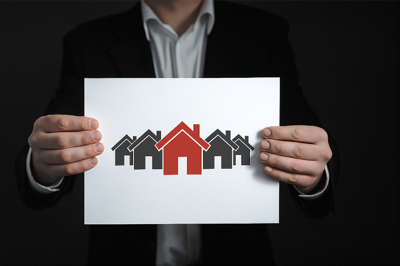 Homem de terno segurando cartaz com ícones de casas, destacando uma em vermelho, representando investimentos em fundos imobiliários.