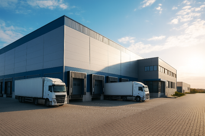 FIIs de galpões logísticos modernos com caminhões em operação.