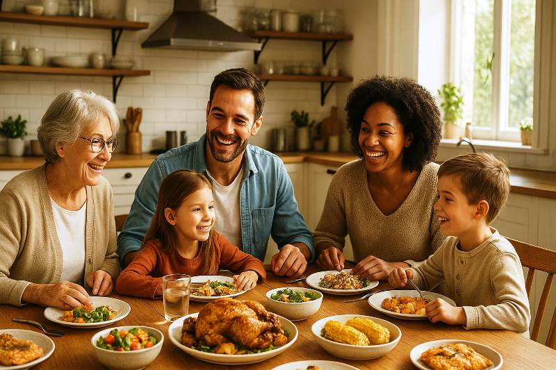 Família multigeracional reunida em volta da mesa em uma cozinha iluminada, sorrindo e compartilhando uma refeição. Família multigeracional reunida em volta da mesa em uma cozinha iluminada, sorrindo e compartilhando uma refeição.