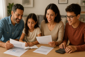 Diagnóstico e organização financeira em família. Família reunida em casa revisando orçamento com papéis e calculadora sobre a mesa.