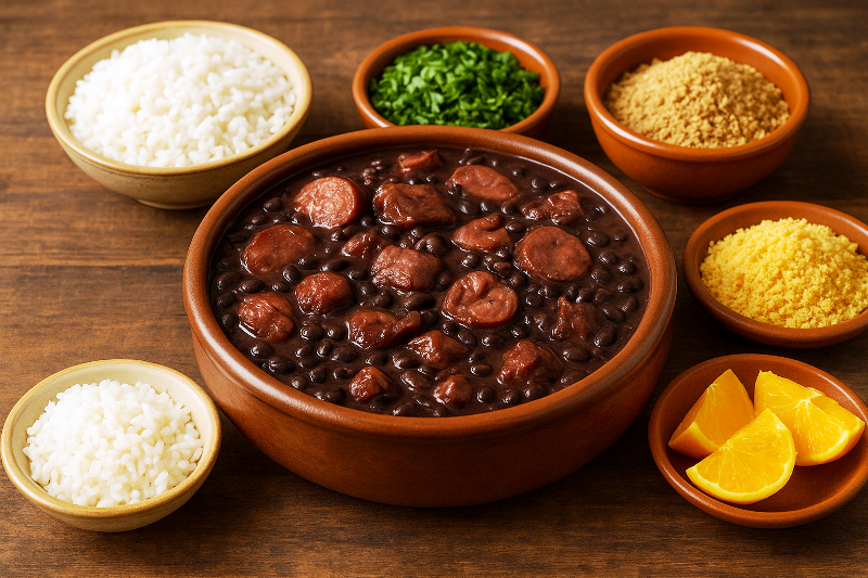 Feijoada completa – prato típico brasileiro. Pratos típicos do Brasil – feijoada completa com arroz, couve, farofa e laranjas.