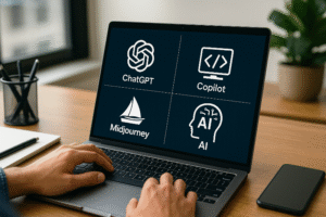 Pessoa utilizando notebook com ícones de ferramentas de inteligência artificial — ChatGPT, Copilot, Midjourney e IA — que auxiliam na produtividade pessoal.