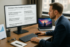 Homem trabalhando no computador com artigo sobre IA e produtividade.