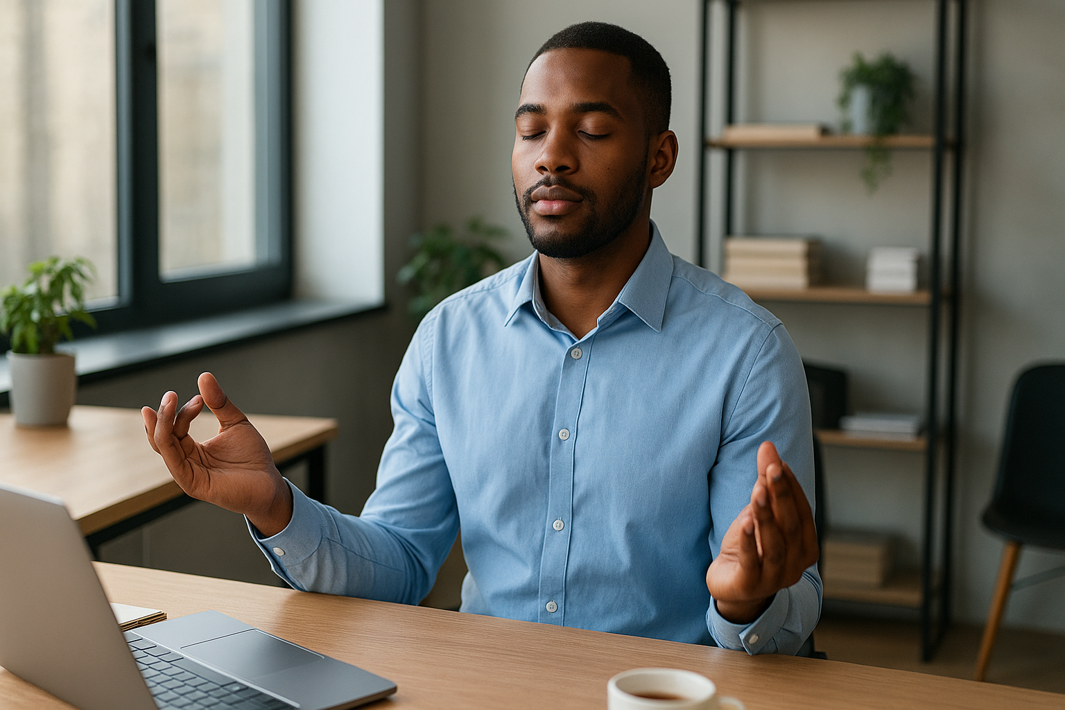 Funcionário meditando no trabalho — prática de mindfulness e bem-estar corporativo. Funcionário praticando mindfulness no escritório, em momento de autocuidado e psicoterapia no trabalho.