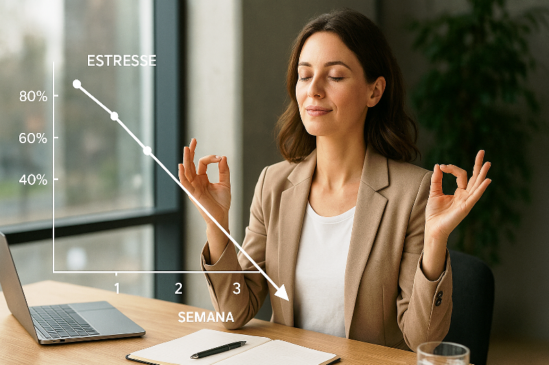 Mindfulness e psicoterapia no trabalho: redução do estresse com autocuidado. Gráfico mostrando redução do estresse após programa de mindfulness, com mulher praticando meditação no ambiente de trabalho.