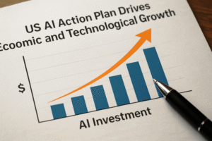 Gráfico realista mostrando o crescimento dos investimentos em inteligência artificial nos EUA, com barras azuis ascendentes e uma seta laranja em curva para cima.