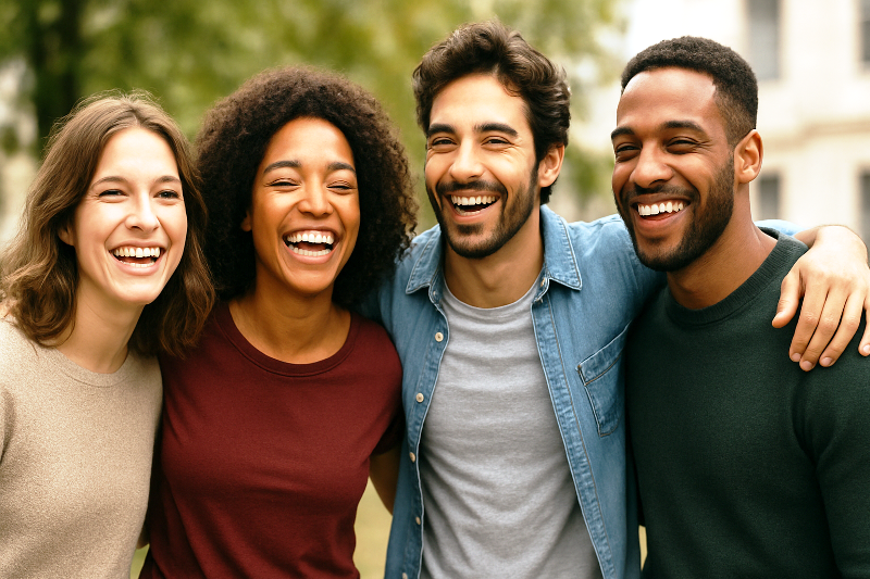 Grupo de amigos sorrindo reforça os laços de amizade e saúde mental. Relacionamentos saudáveis fortalecem a saúde mental e bem-estar emocional.