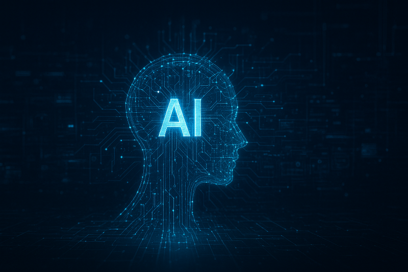 Representação futurista de inteligência artificial em forma de cabeça digital com circuitos luminosos azuis e a sigla "AI".
