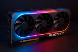 iPhone 16 e RX 9070 XT – GPU moderna com três ventoinhas e iluminação RGB futurista.