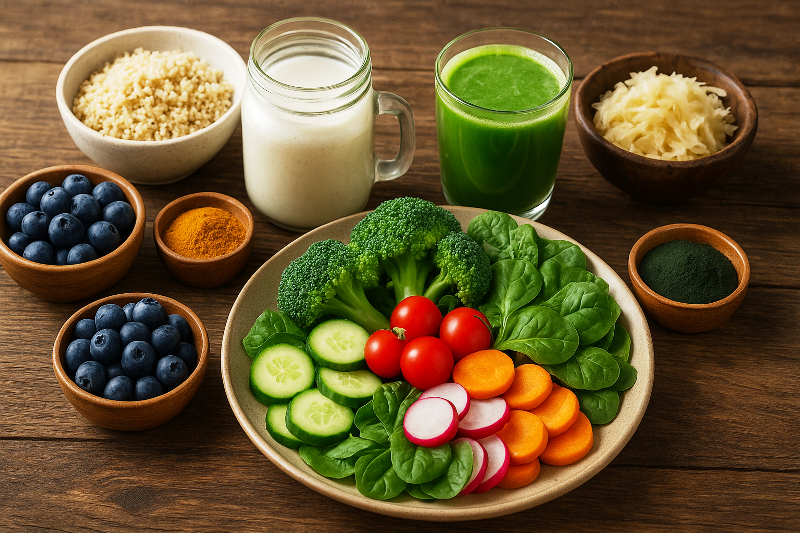 Prato saudável com vegetais frescos, superalimentos e probióticos em uma mesa rústica.