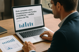 Investidor analisando relatórios de FIIs no notebook – guia completo sobre fundos imobiliários Guia completo sobre investimentos em fundos imobiliários – análise prática de FIIs.