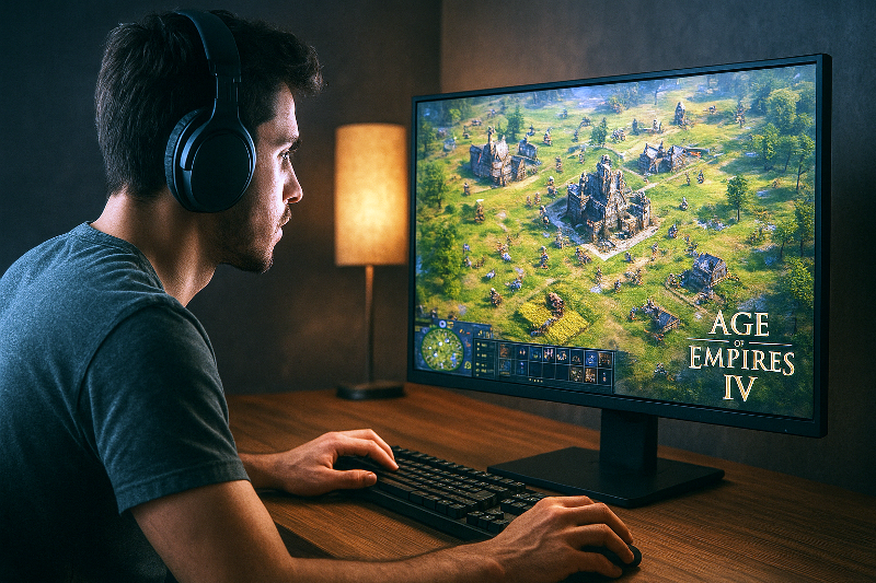 Jogador em partida de Age of Empires IV demonstrando estratégia e foco. Jogos de estratégia em tempo real desenvolvem tomada de decisão sob pressão.