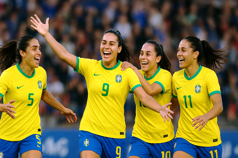 Jogadoras comemoram gol durante a Copa América Feminina 2025, representando o futuro do futebol feminino na América do Sul. Futuro do futebol feminino na América do Sul em destaque na Copa América Feminina 2025, jogadoras comemoram gol em campo.