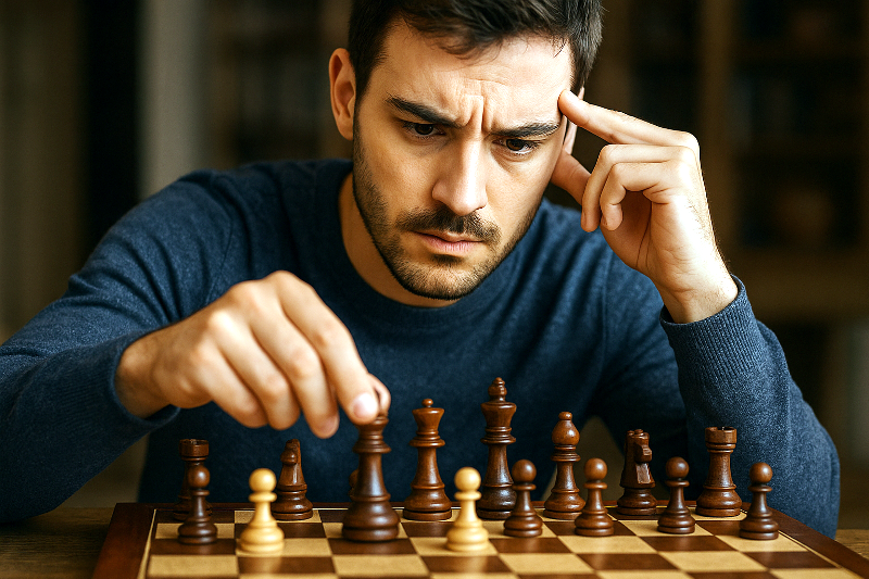 Homem concentrado jogando xadrez, representando estratégia e tomada de decisões.