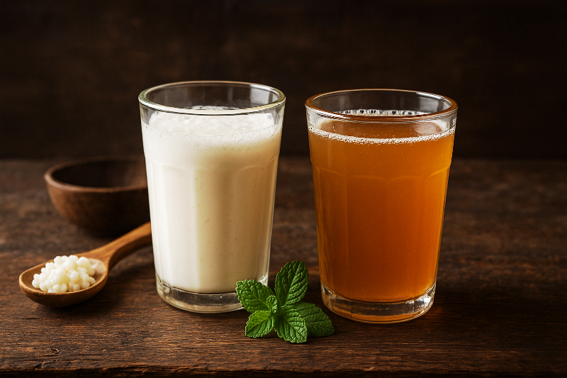 Kefir e kombucha – Probióticos para saúde e equilíbrio alimentar. Probióticos aliados ao jejum intermitente e dietas balanceadas.