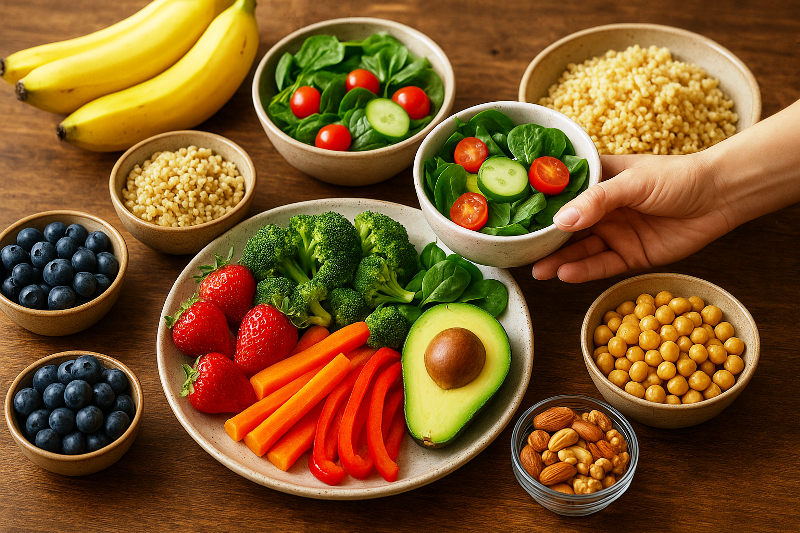 Alimentos saudáveis para uma vida equilibrada. Alimentação equilibrada para saúde mental e bem-estar emocional.