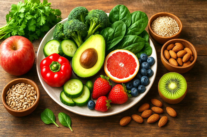 Frutas, verduras e sementes para uma nutrição saudável e funcional. Alimentação saudável e nutrição funcional com frutas, verduras e sementes naturais em uma mesa rústica.