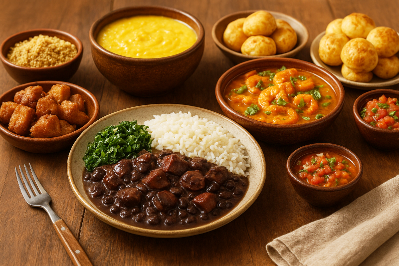 Pratos tradicionais brasileiros em mesa rústica. Cozinha afetiva e os sabores que marcam a memória.